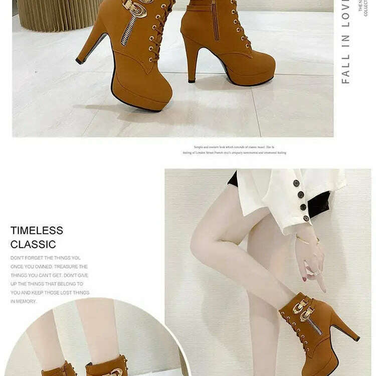 Chunky Heeled Ankle Boots - Metal Decor, Lace-Up Platform