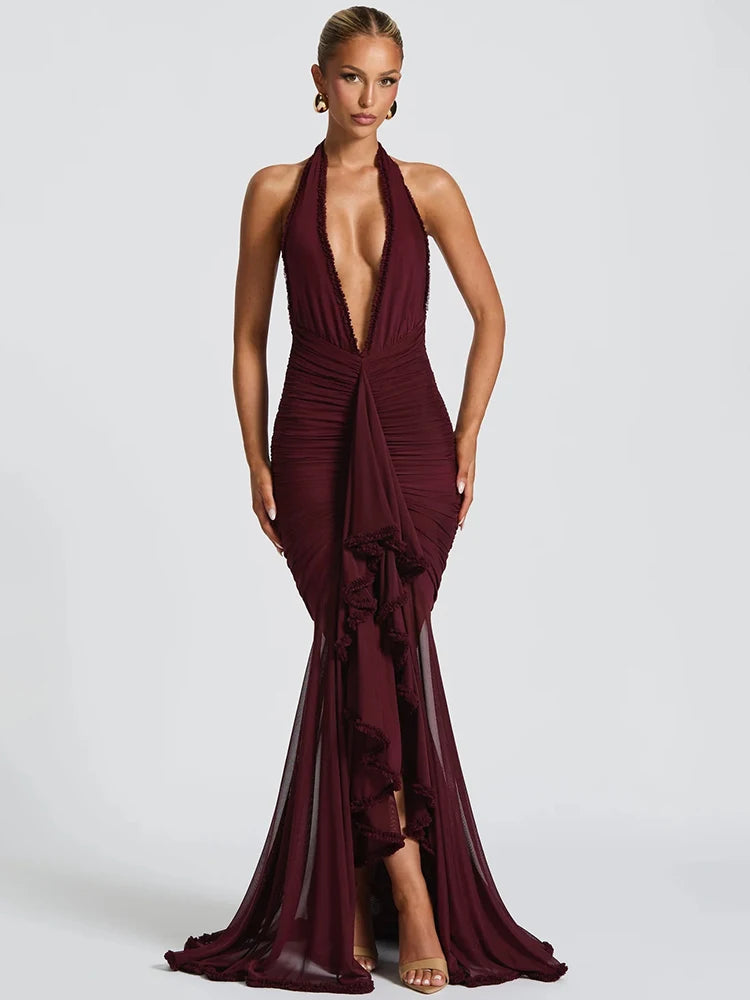 Mozision Elegant Halter Deep V Neck Sexy Maxi Dress Women Fashion Sleeveless Backless Ruched Evening Club Party Long Dress