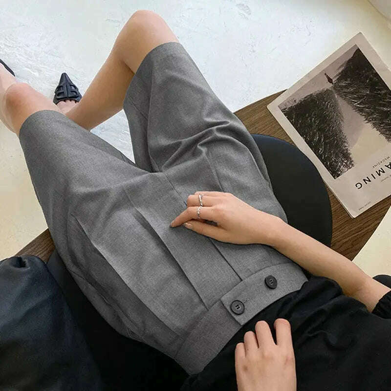 Korean Office Suits Shorts – High Waist, Double-Button, Knee-Length