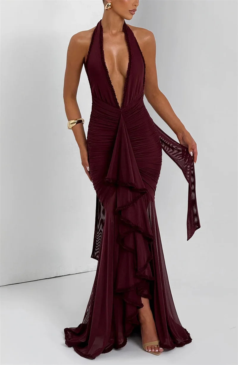 Mozision Elegant Halter Deep V Neck Sexy Maxi Dress Women Fashion Sleeveless Backless Ruched Evening Club Party Long Dress
