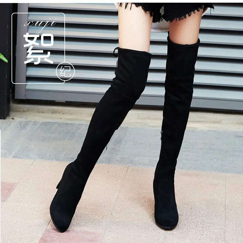 LINLING Faux Suede Over-the-Knee Lace-Up Boots