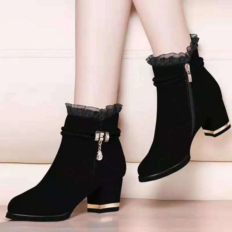 Autumn Fur Ankle Boots - High Heel & Rhinestone Detail