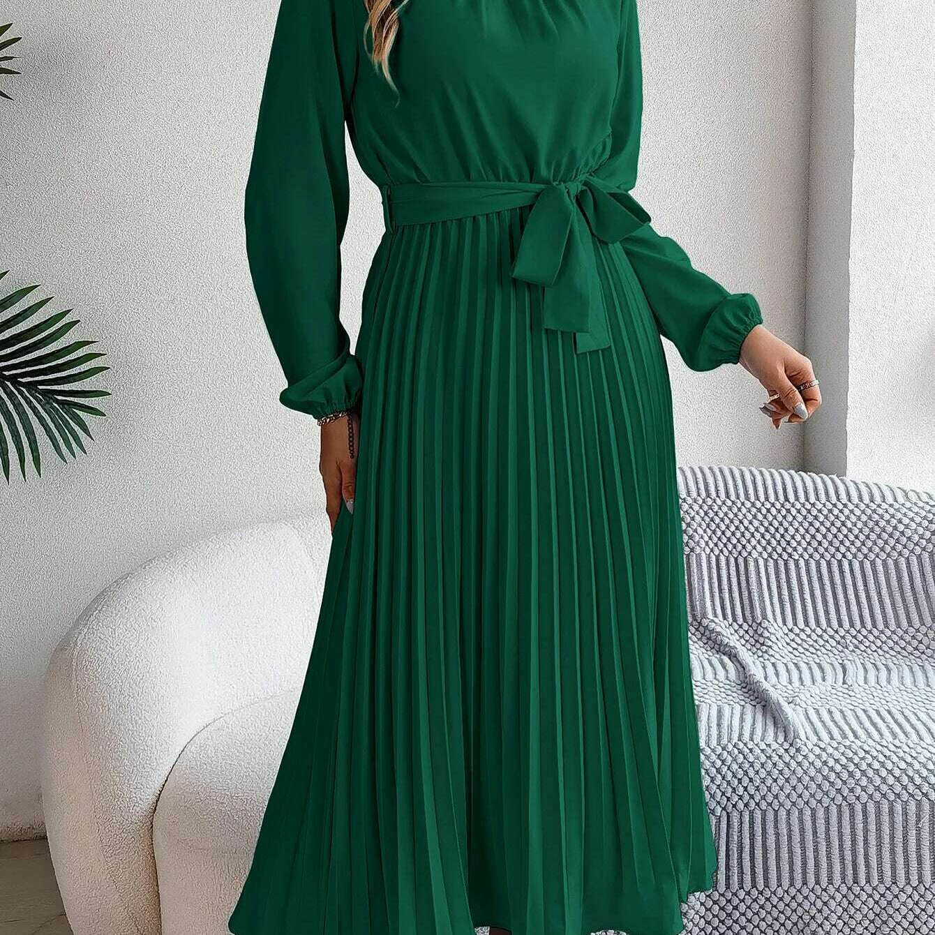 Autumn & Winter Pleated Stand-Up Collar Midi Dress