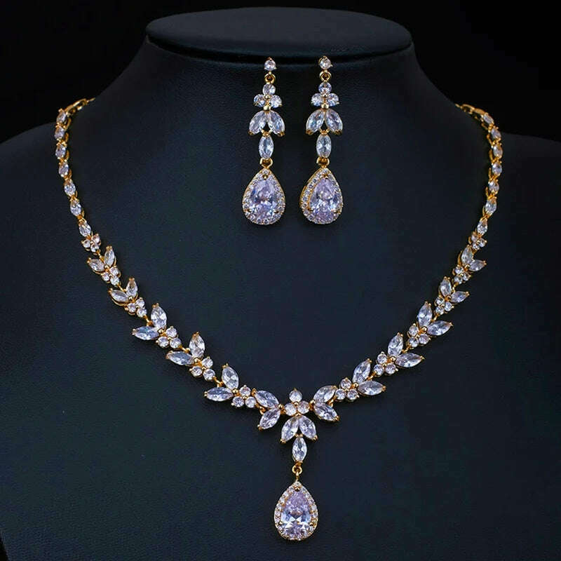 Ekopdee Luxury Brilliant Cubic Zirconia Necklace Set Earrings Rings Women CZ Light Drop Bridal Wedding Jewelry Sets 2022 New
