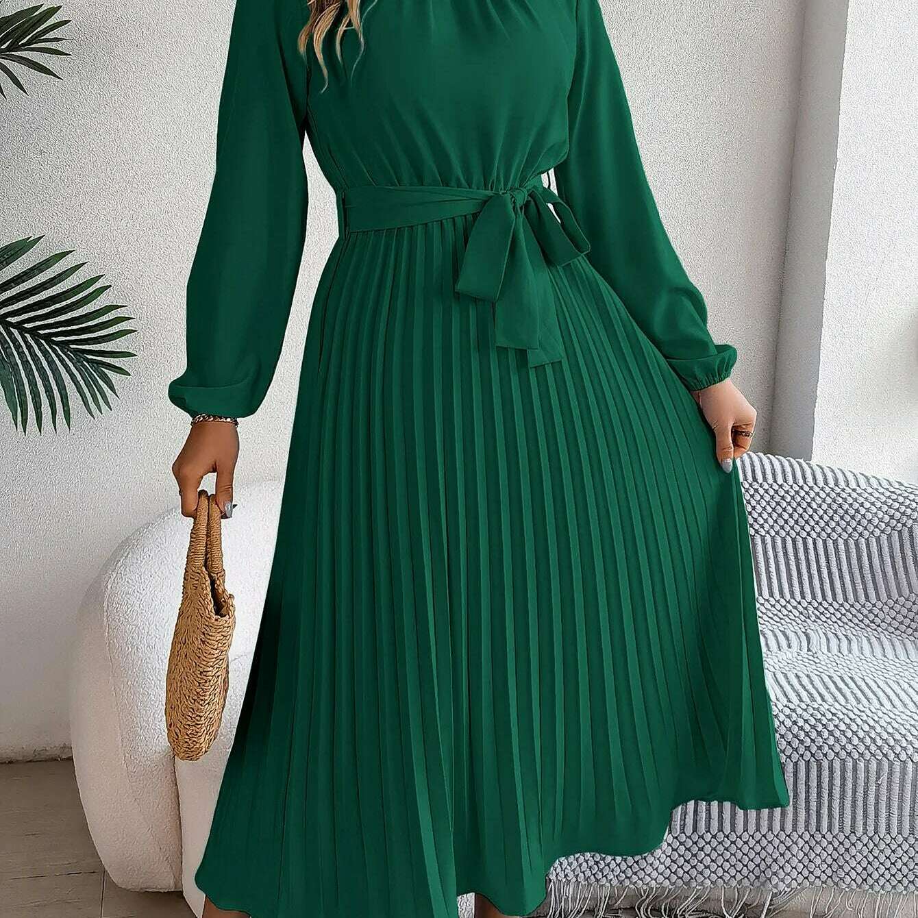 Autumn & Winter Pleated Stand-Up Collar Midi Dress