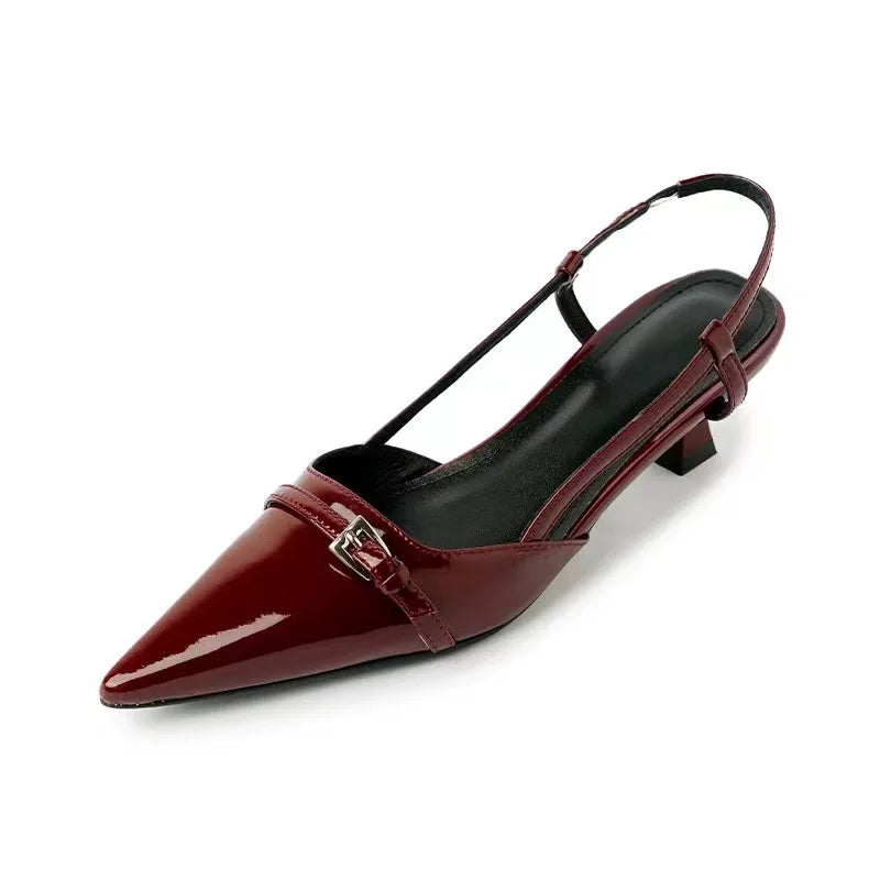 Patent Leather Pointed Toe Slingback Mid-Heel Sandal