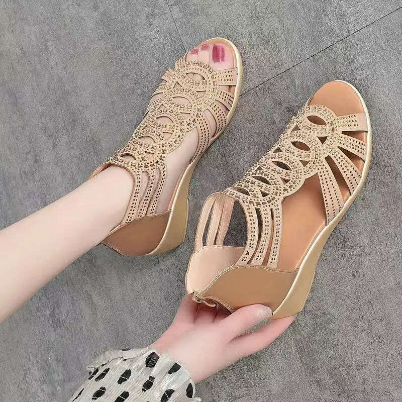 Soft Leather Roman Sandals - Chunky Heel Wedge Shoes