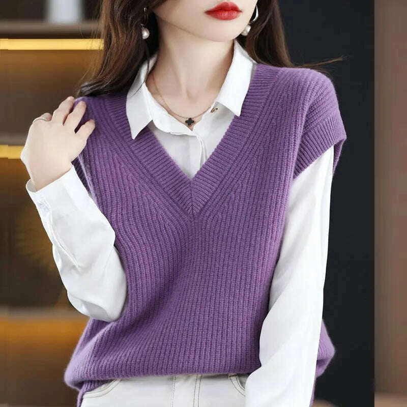 Knitted Vest Jacket – V-Neck, Sleeveless, Wool Blended Top