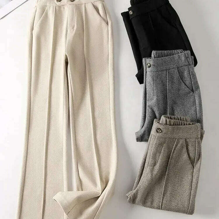 Herringbone Wool Flare Pants – Warm, Elastic Waist, Black - D&M Boutique