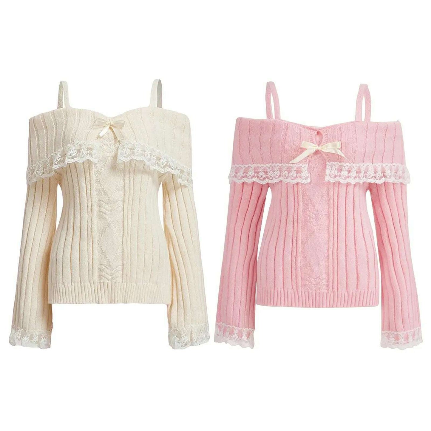 Grunge Off-Shoulder Knit Sweater: Pink, Bow Lace Y2K Jumper - D&M Boutique