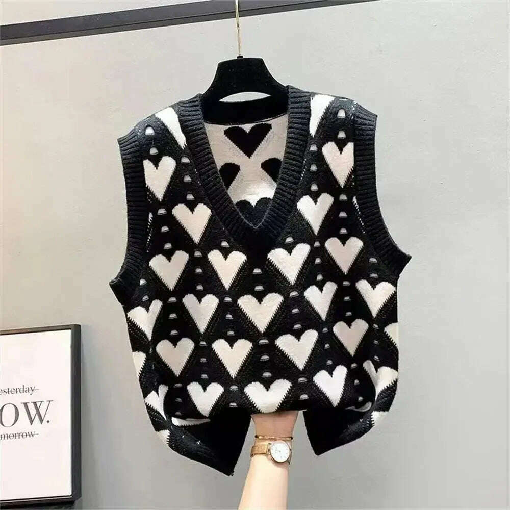 Fashion Love Heart Knitted Vest: V-Neck, Sleeveless, Casual Sweater - D&M Boutique