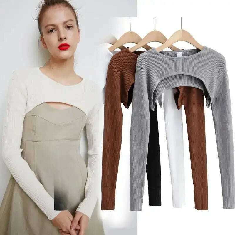 Long Sleeve Crop Top: Y2K Aesthetic, O-Neck, Knitted T-shirt