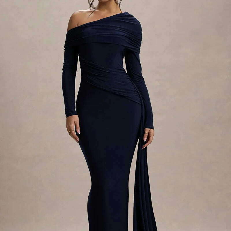 Mozision Skew Collar Long Sleeve Maxi Dress