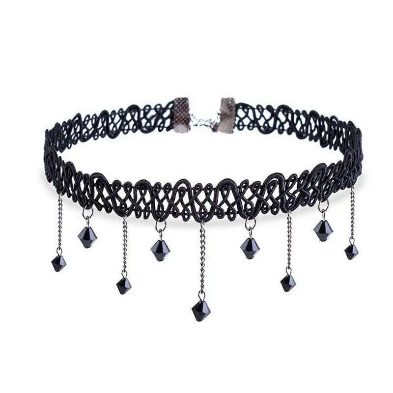 Short Black Crystal Pendant Necklace for Women Tassel Woven Lace Choker Sexy Pretty Neck Braided Band Necklace Adornment Necklac