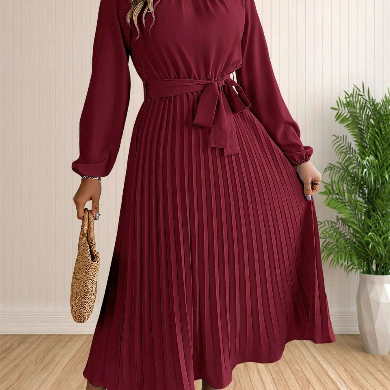 Elegant Pleated Lace-Up Long Sleeve A-Line Sundress
