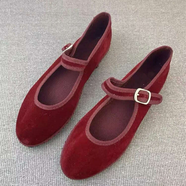 Velvet Mary Jane Flats - Casual, Chic, Red & Timeless