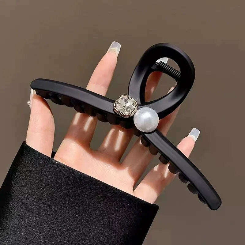 13cm Black Frosted Shark Hair Claw Clip with Pearl Detail