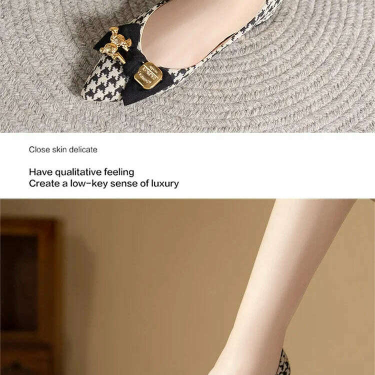 2024 Slip-On Flats - Pointed Toe, Houndstooth & Butterfly Knot