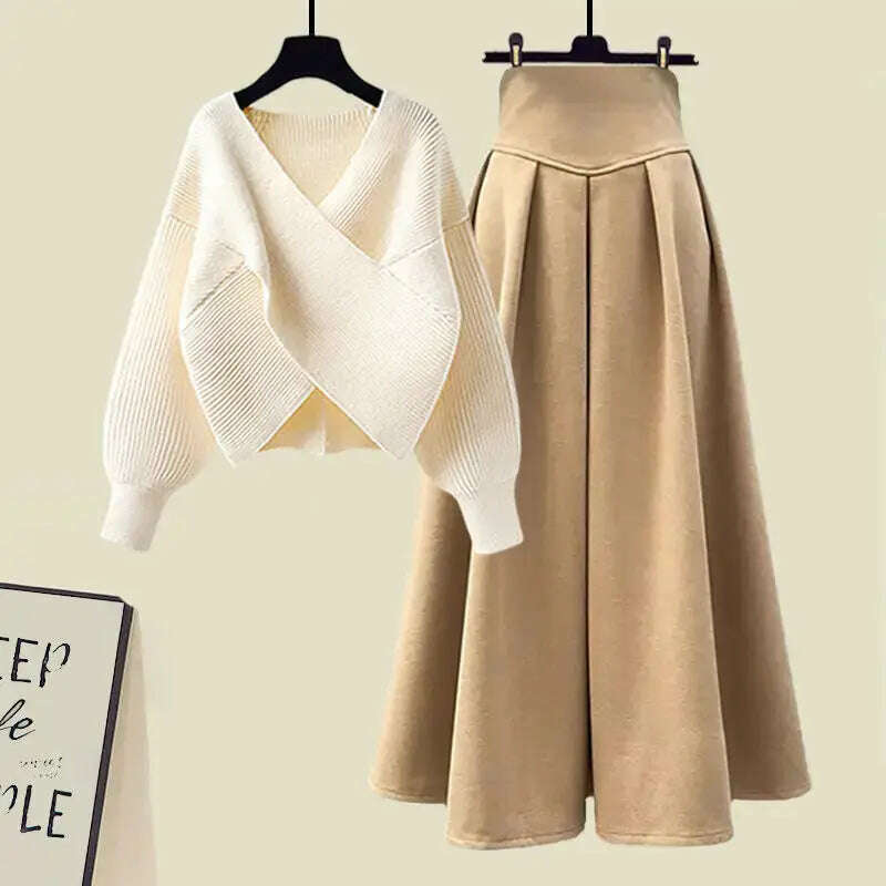 Fall Winter Women’s Knitted Sweater & Pleated Skirt Set - D&M Boutique