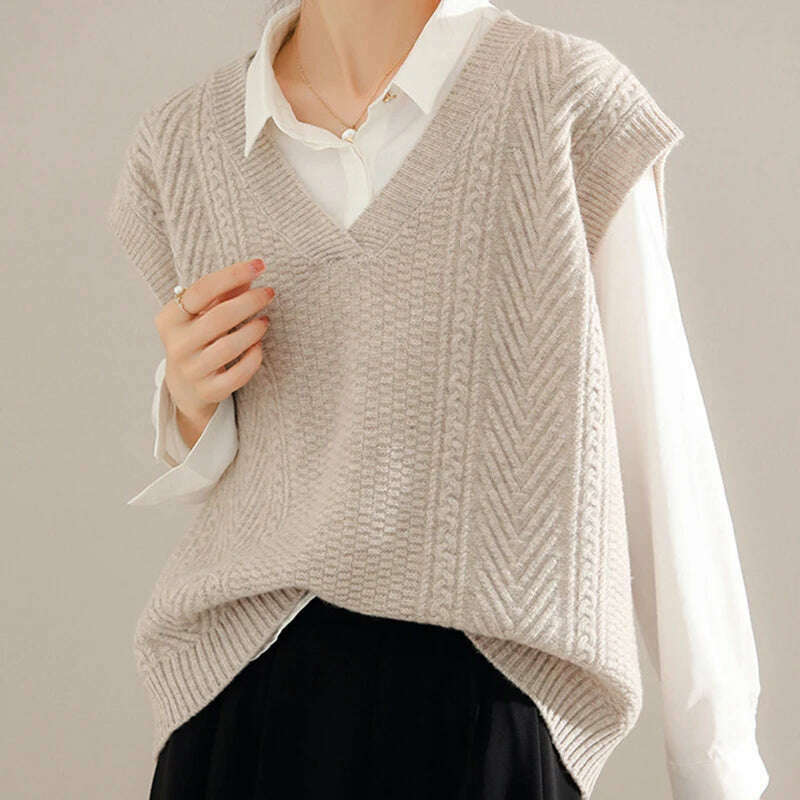 Korean Knitted Sweater Vest – V-Neck, Sleeveless, Loose Pullover - D&M Boutique