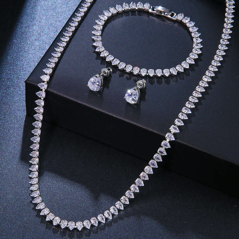 Emmaya Zircons Gorgeous Cubic Zirconia White Gold Color Round Wedding Bridal Necklace Earrings Party Jewelry Set for Brides