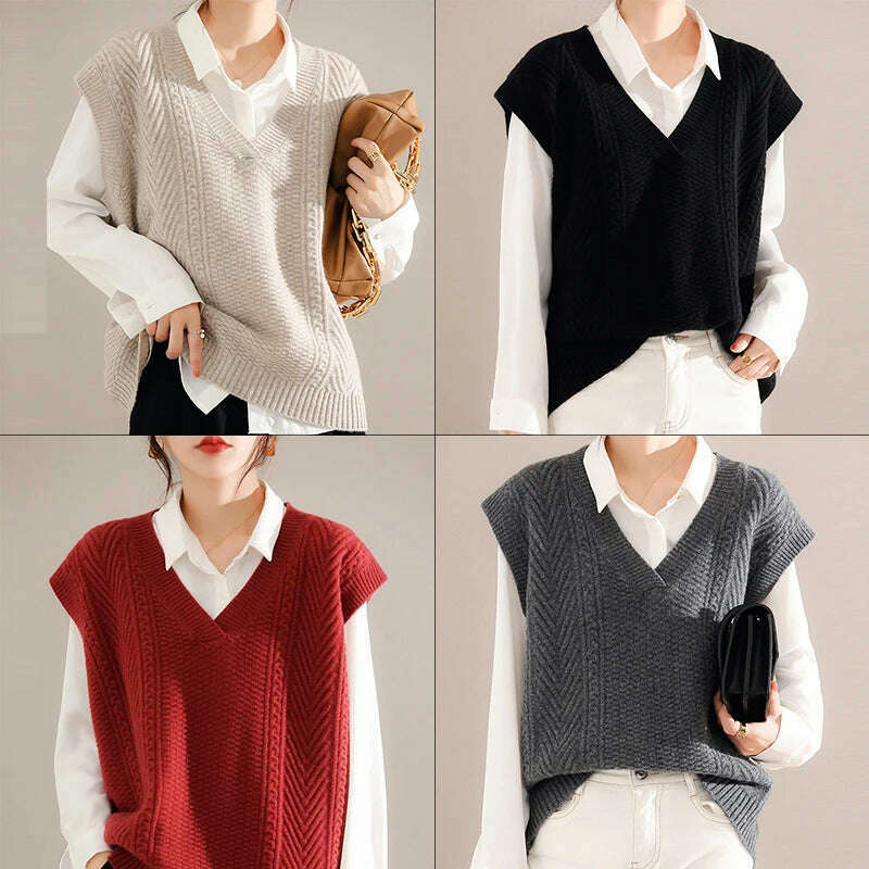 Korean Knitted Sweater Vest – V-Neck, Sleeveless, Loose Pullover - D&M Boutique