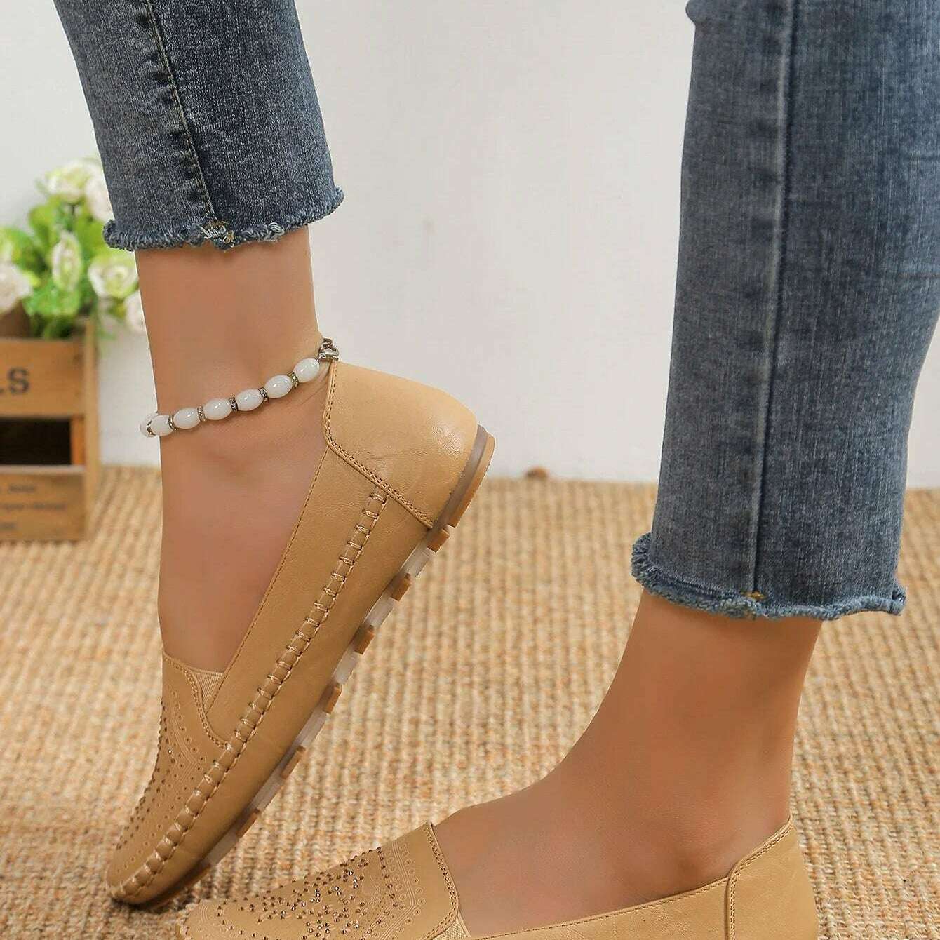 Elegant Crystal Ballerina Flats - Soft Leather Slip-On Mules