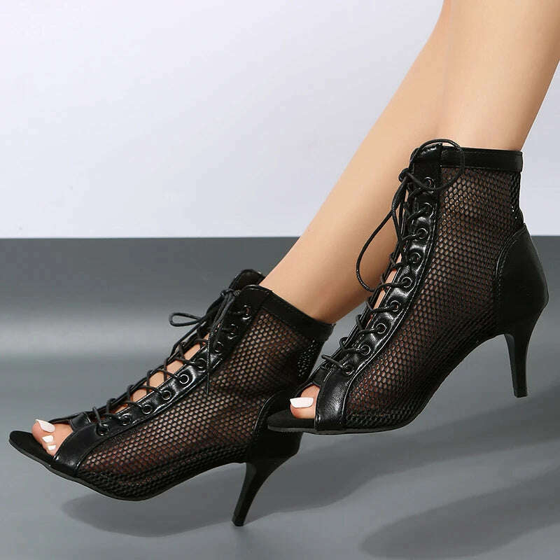 Summer Stiletto Sandals - Mesh Fish Toe Ankle Boots