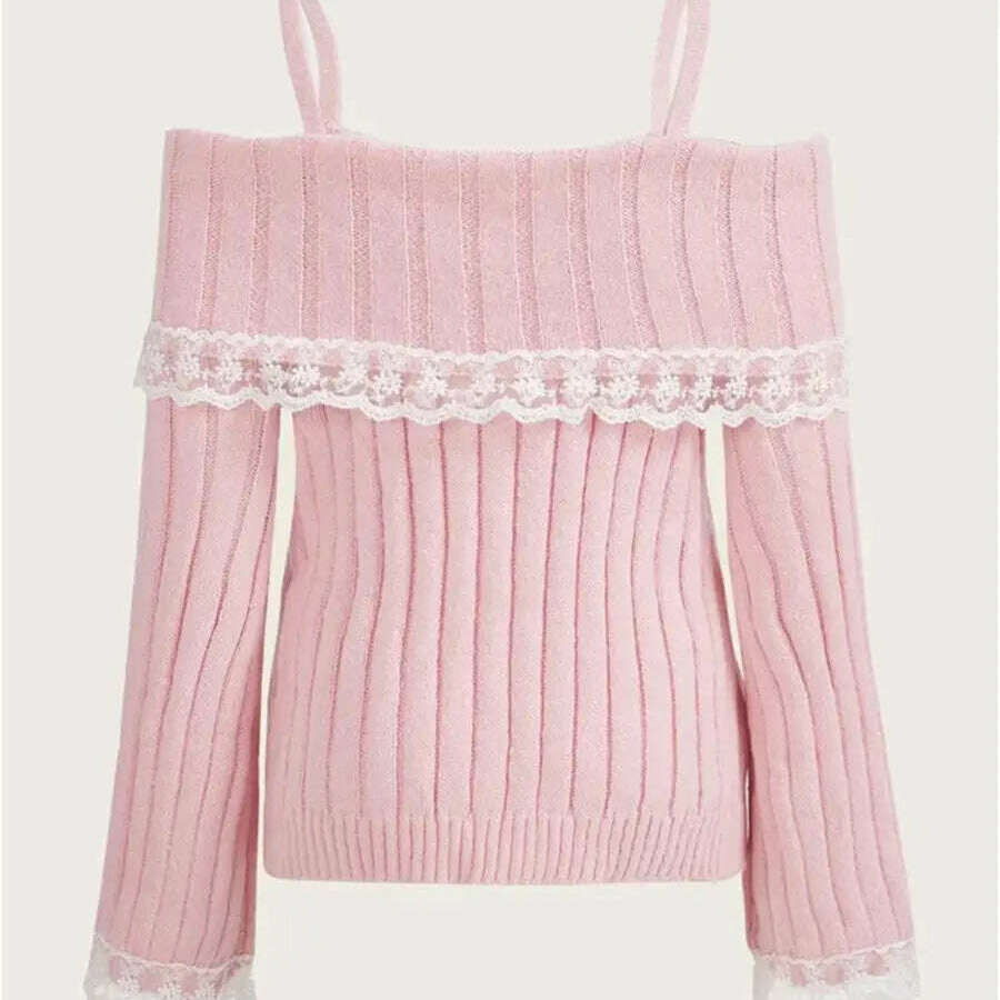 Grunge Off-Shoulder Knit Sweater: Pink, Bow Lace Y2K Jumper - D&M Boutique