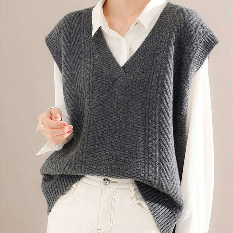 Korean Knitted Sweater Vest – V-Neck, Sleeveless, Loose Pullover - D&M Boutique