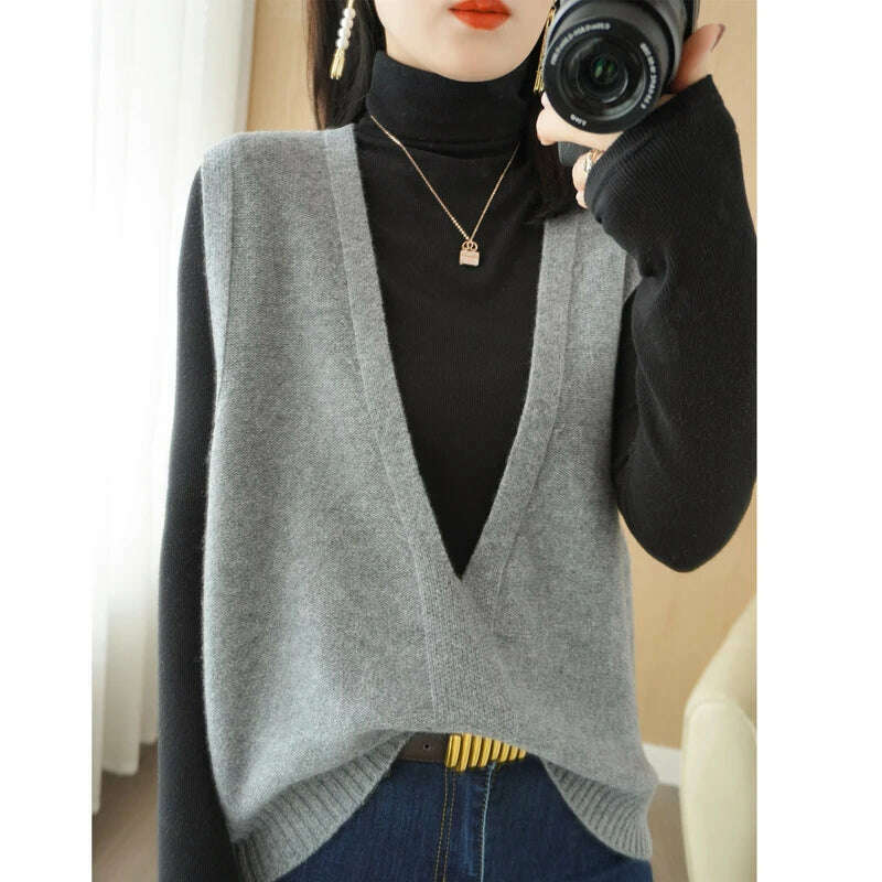 Autumn Knit V-Neck Vest – Loose, Solid, Stylish Layering - D&M Boutique