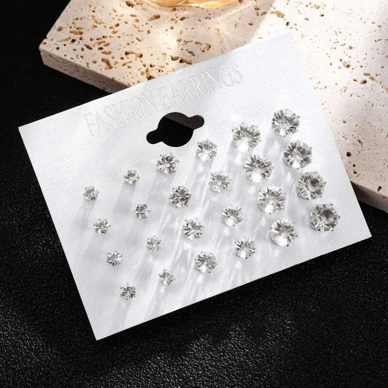 12-Pair White Crystal Wedding Stud Earrings Set