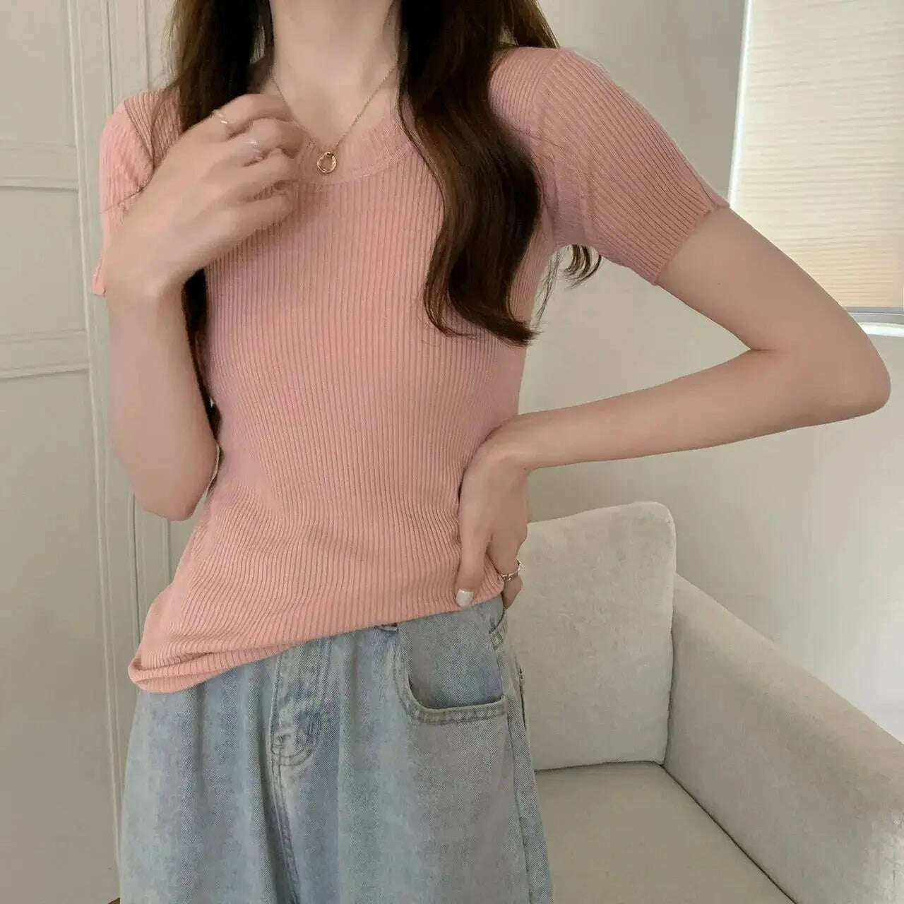 Knit Slim Short Sleeve T-Shirt: White/Green Crop Top - D&M Boutique