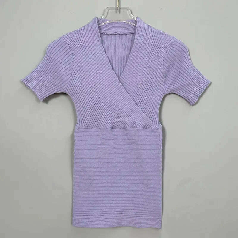 Deep V Knitted T-Shirt: Women's Summer Korean Fashion Tee - D&M Boutique