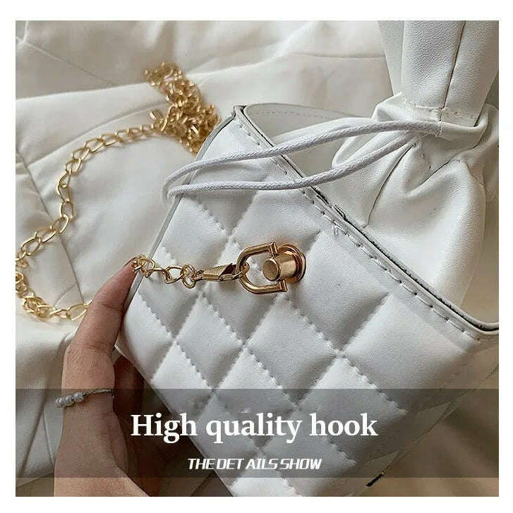 Trendy Checker Drawstring Crossbody Bag with Chain Strap