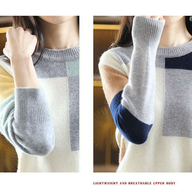 Autumn/Winter Wool Sweater – Round Neck, Color-Block, All-Match Top - D&M Boutique
