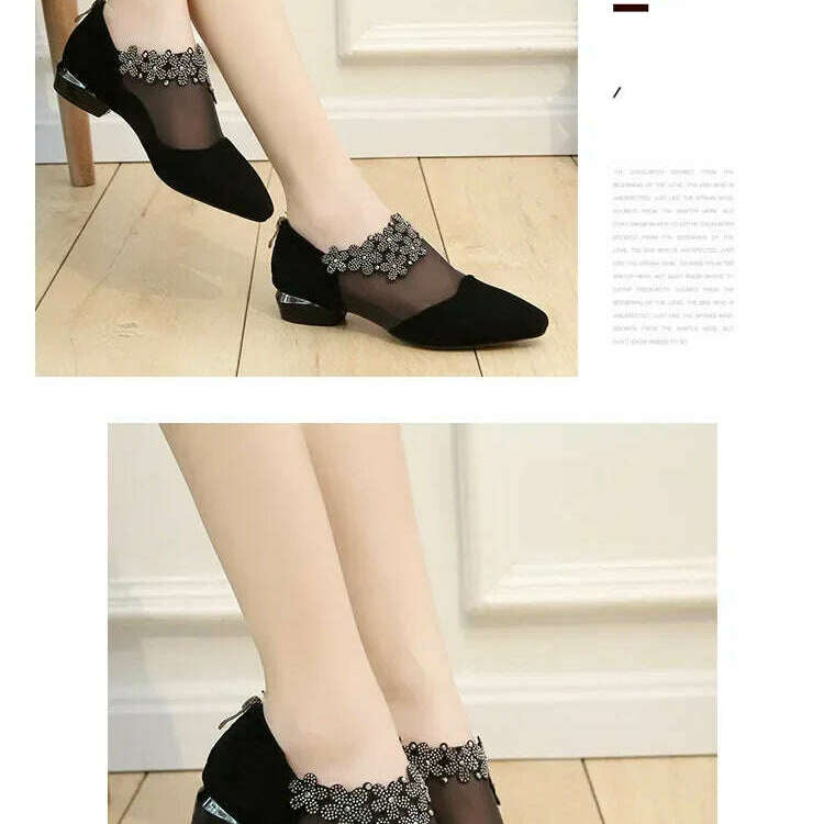 2024 Summer Black Lace Rhinestone Sandals - Low Heel & Floral