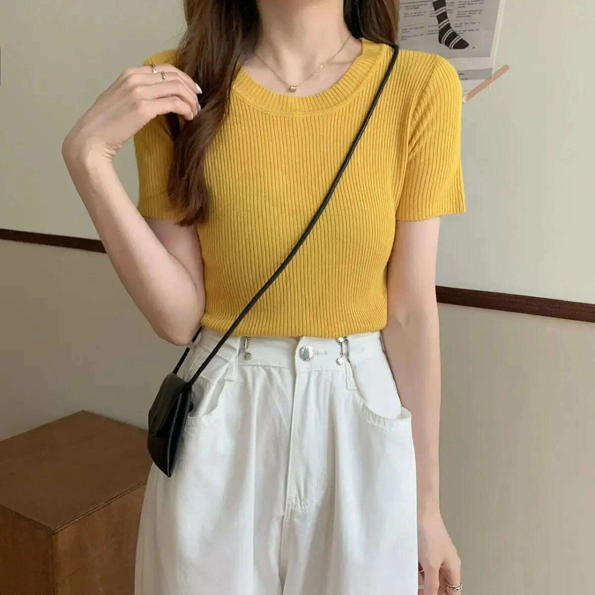 Knit Slim Short Sleeve T-Shirt: White/Green Crop Top - D&M Boutique