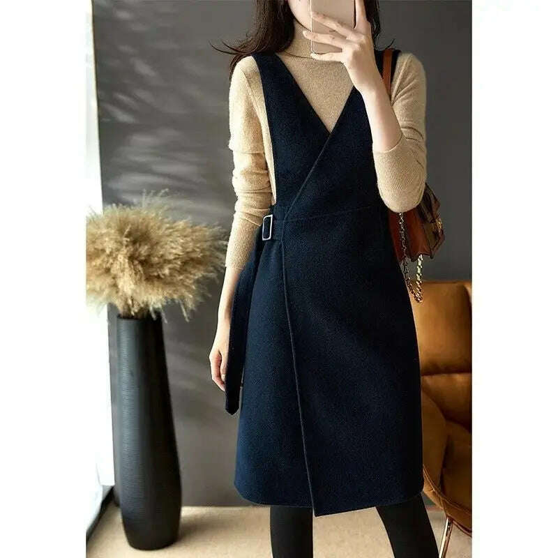 Women's V-neck Retro Woolen High-Waisted Sleeveless Dress