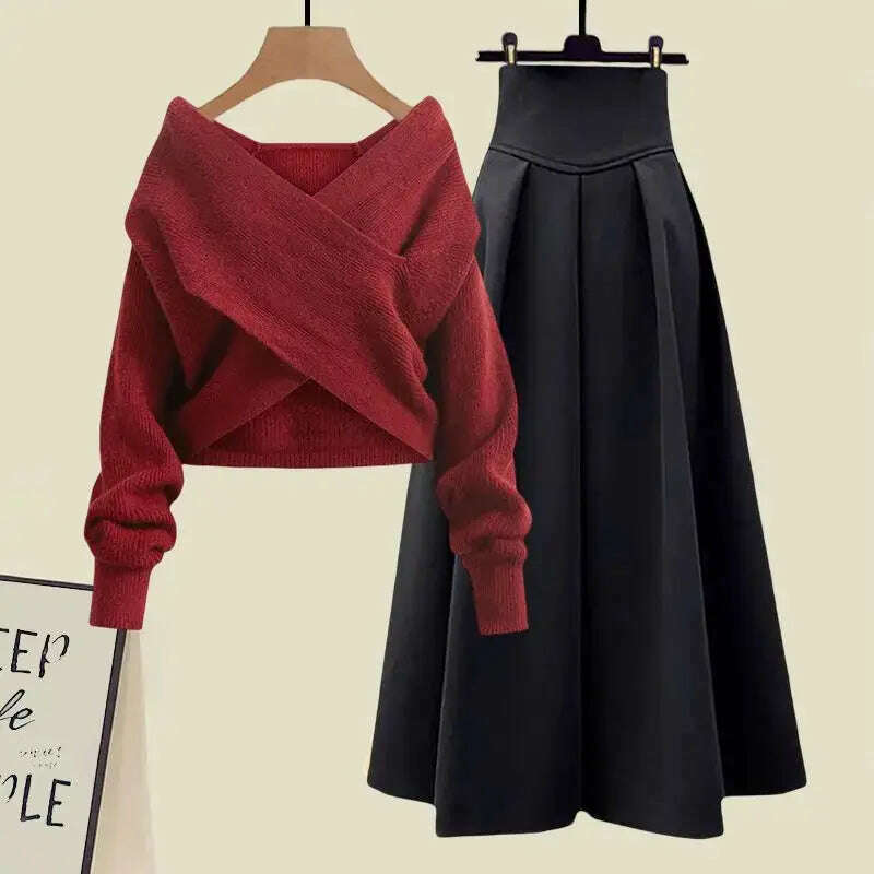 Fall Winter Women’s Knitted Sweater & Pleated Skirt Set - D&M Boutique