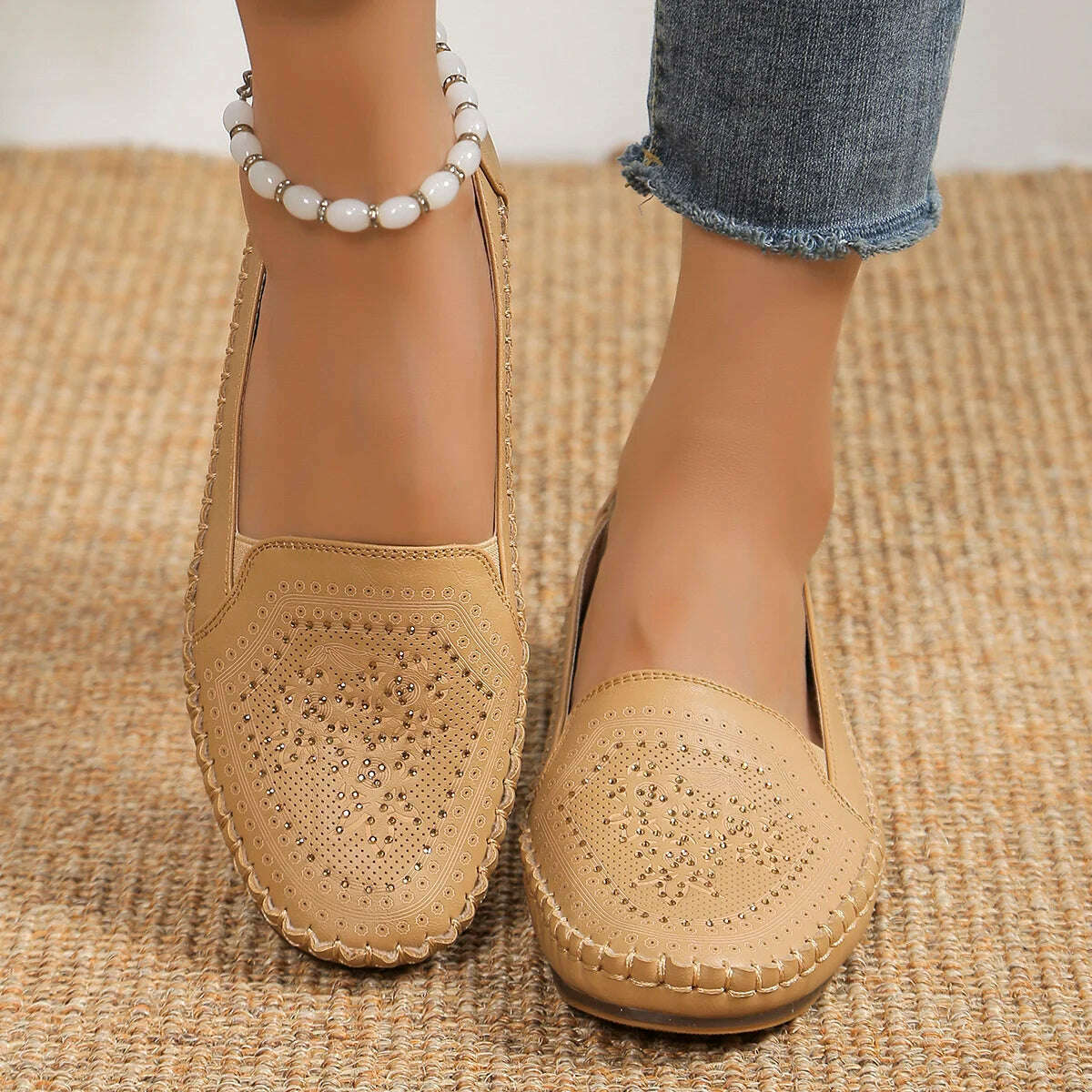 Elegant Crystal Ballerina Flats - Soft Leather Slip-On Mules