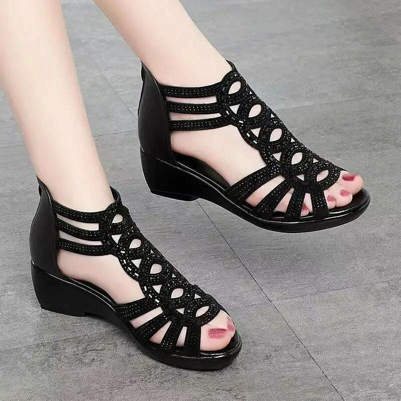 Soft Leather Roman Sandals - Chunky Heel Wedge Shoes