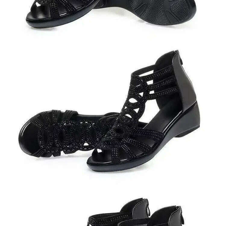 Soft Leather Roman Sandals - Chunky Heel Wedge Shoes
