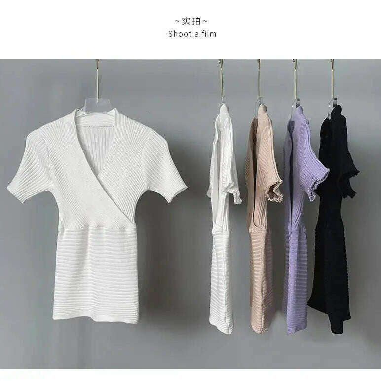 Deep V Knitted T-Shirt: Women's Summer Korean Fashion Tee - D&M Boutique