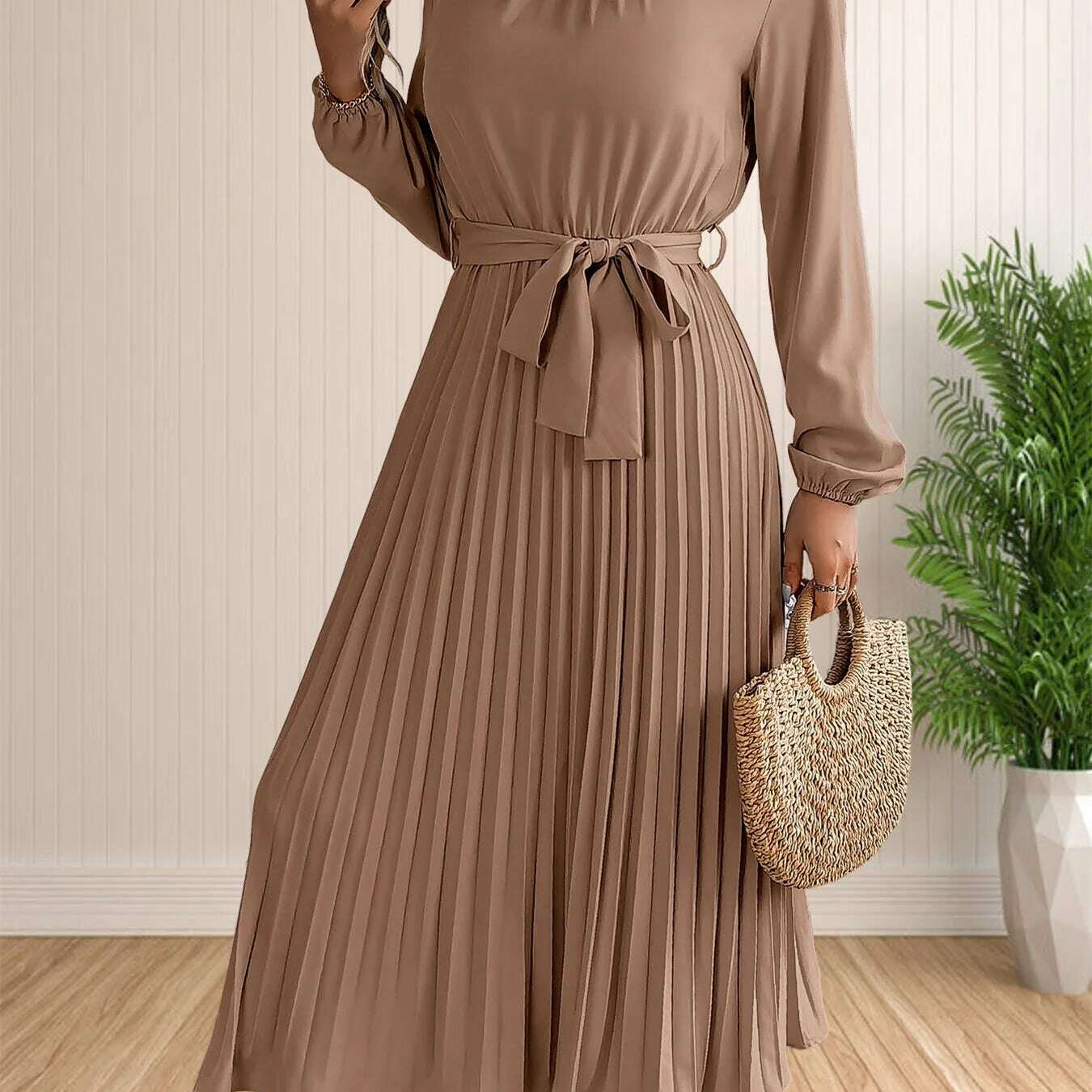 Elegant Pleated Lace-Up Long Sleeve A-Line Sundress