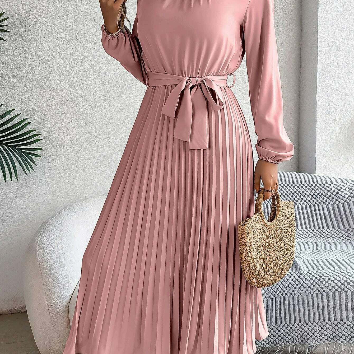 Autumn & Winter Pleated Stand-Up Collar Midi Dress