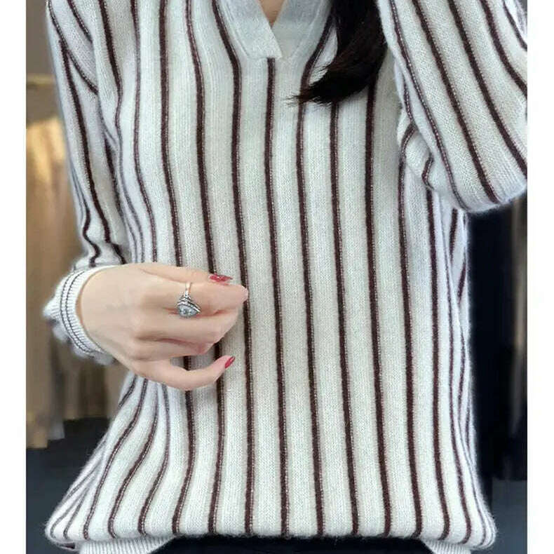 Merino Wool Sweater: Striped, Polo Neck, Autumn/Winter - D&M Boutique