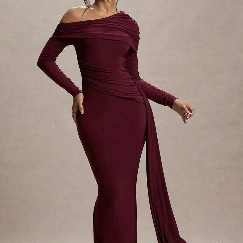 Mozision Skew Collar Long Sleeve Maxi Dress