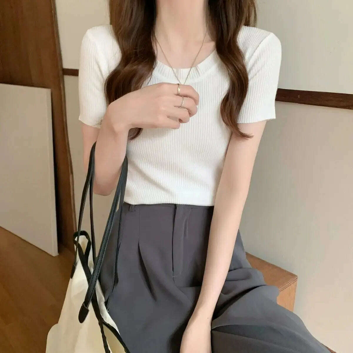 Knit Slim Short Sleeve T-Shirt: White/Green Crop Top - D&M Boutique