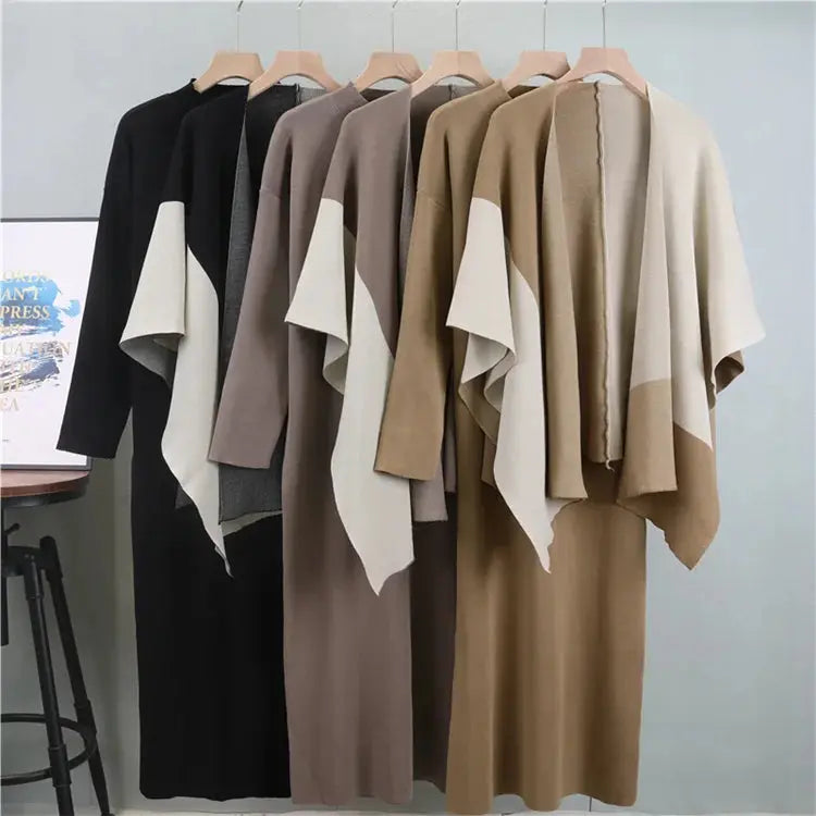 Elegant Knitted Two-Piece Set: Color Block Shawl & Dress - D&M Boutique